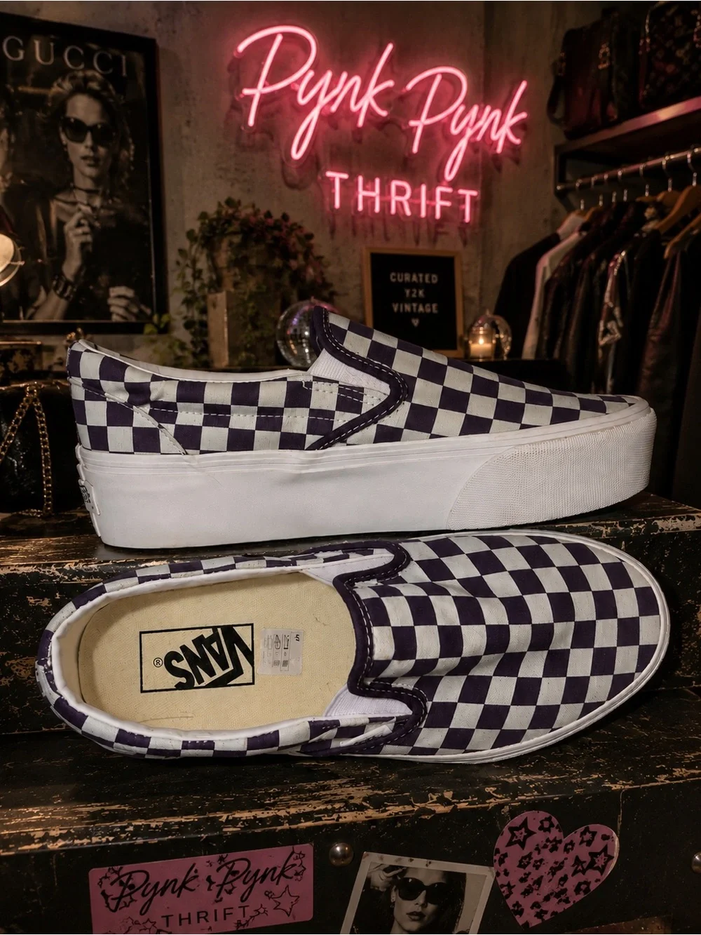 Vans Checkerboard Platform Slip-On Sneakers - Black & White - Picture 1 of 5